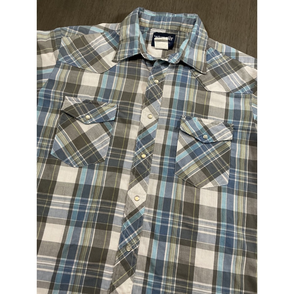 Wrangler Retro Premium Men's Blue Gray Plaid Pearl Snap Western Shirt Size L